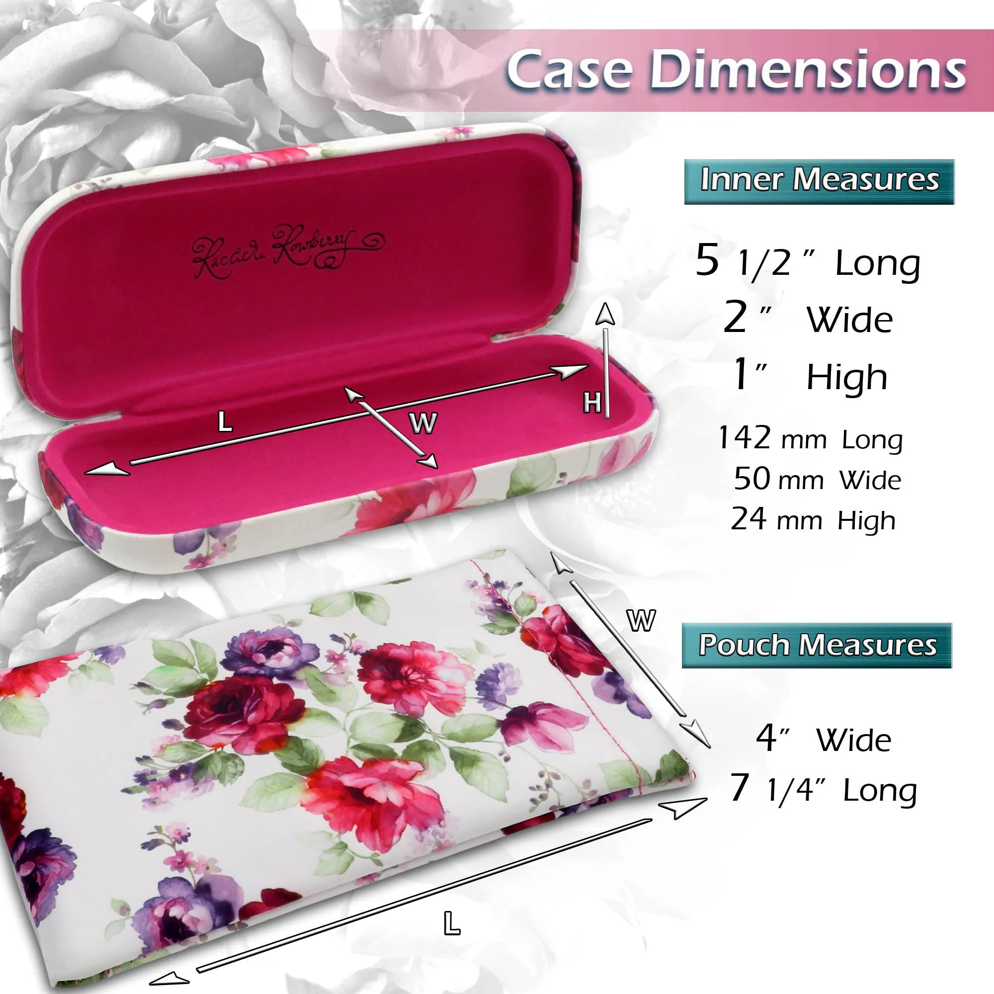 Women floral Hard Eyeglass Case with soft Sunglasses Pouch - medium Glasses Case with pouch and cloth  (Combo Cranberry Rose)