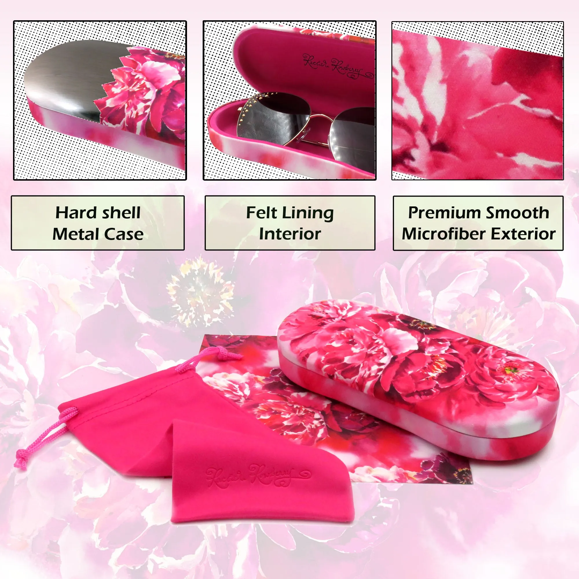 women gift kit - Hard eyeglass case with soft sunglasses Pouch - medium glasses holder with XL Sunglasses Case (Combo peonies)