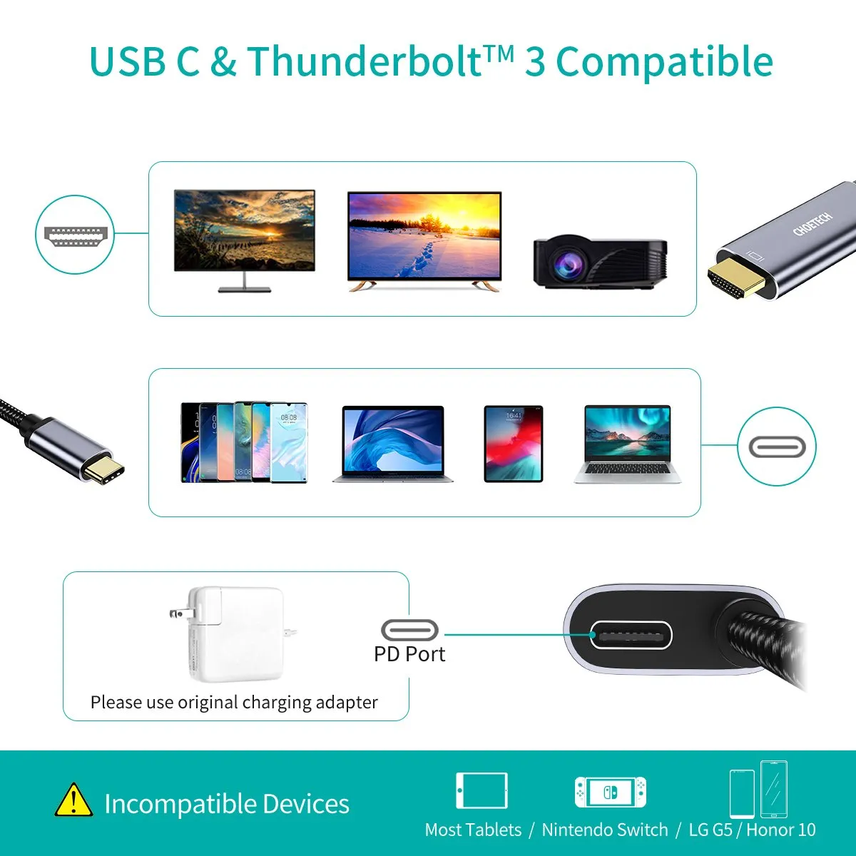 XCH-M180 USB Type C to HDMI Cable with 60W Power Delivery Charging Port Adapter 6FT