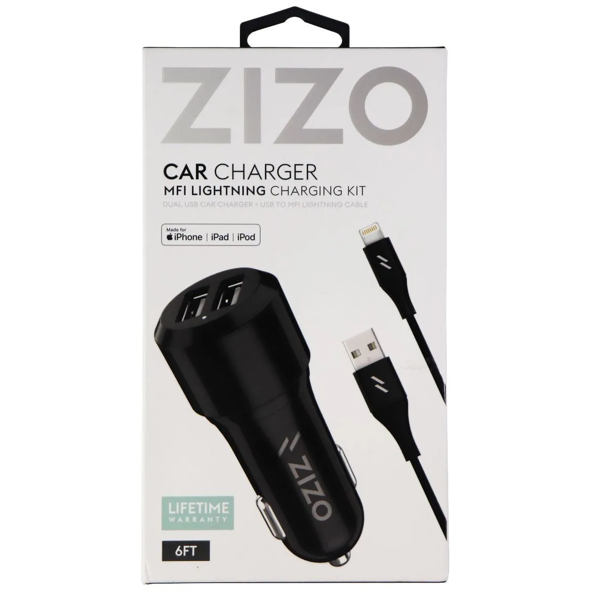 Zizo Dual Port Car Charger with (6-Foot) Lightning 8-Pin MFi Cable - Black