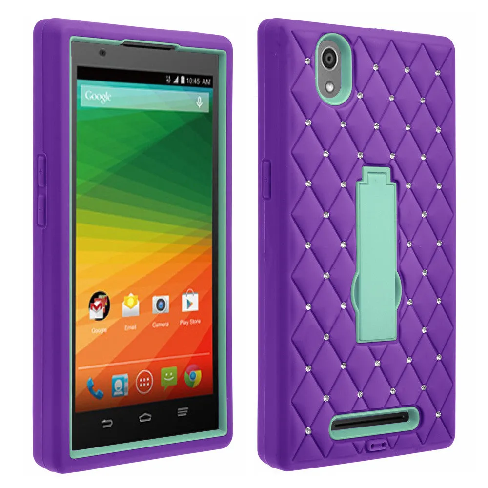 ZMAX Case, ZTE ZMAX Case, Heavy Duty Armor Diamond Rhinestone Hybrid Case with Kickstand - Purple/Teal