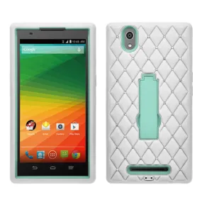 ZMAX Case, ZTE ZMAX Case, Heavy Duty Armor Diamond Rhinestone Hybrid Case with Kickstand - White/Teal