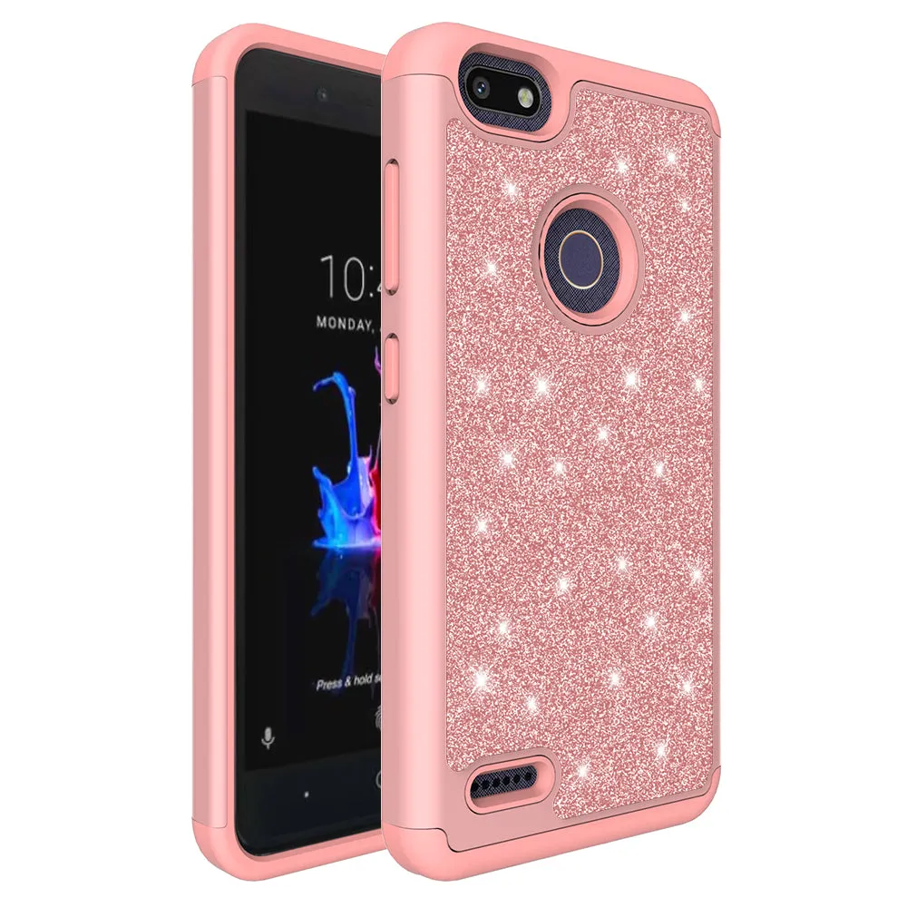 ZTE Blade Force Case, Blade Force Glitter Bling Heavy Duty Shock Proof Hybrid Case with [HD Screen Protector] Dual Layer Protective Phone Case Cover for ZTE Blade Force - Rose Gold