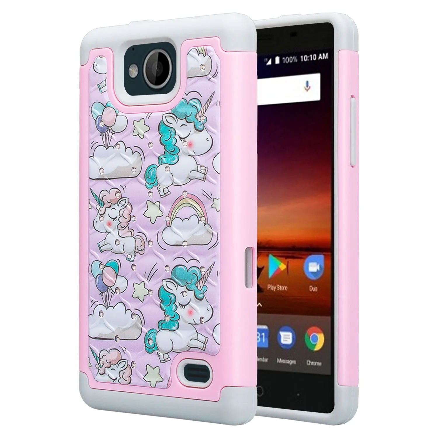 ZTE Majesty Pro Case, ZTE Tempo, Z799VL, N9131, Slim Hybrid Crystal Rhinestone Dual Layer [Shock Resistant] Protective Cover - Pink Unicorn