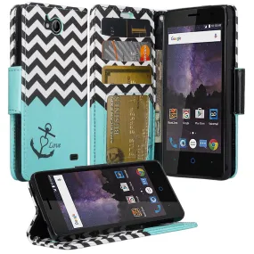 ZTE Majesty Pro, Majesty Pro Plus, Tempo Cover, Pu Leather Magnetic Fold[Kickstand] Wallet Case with ID & Card Slots - Teal Anchor